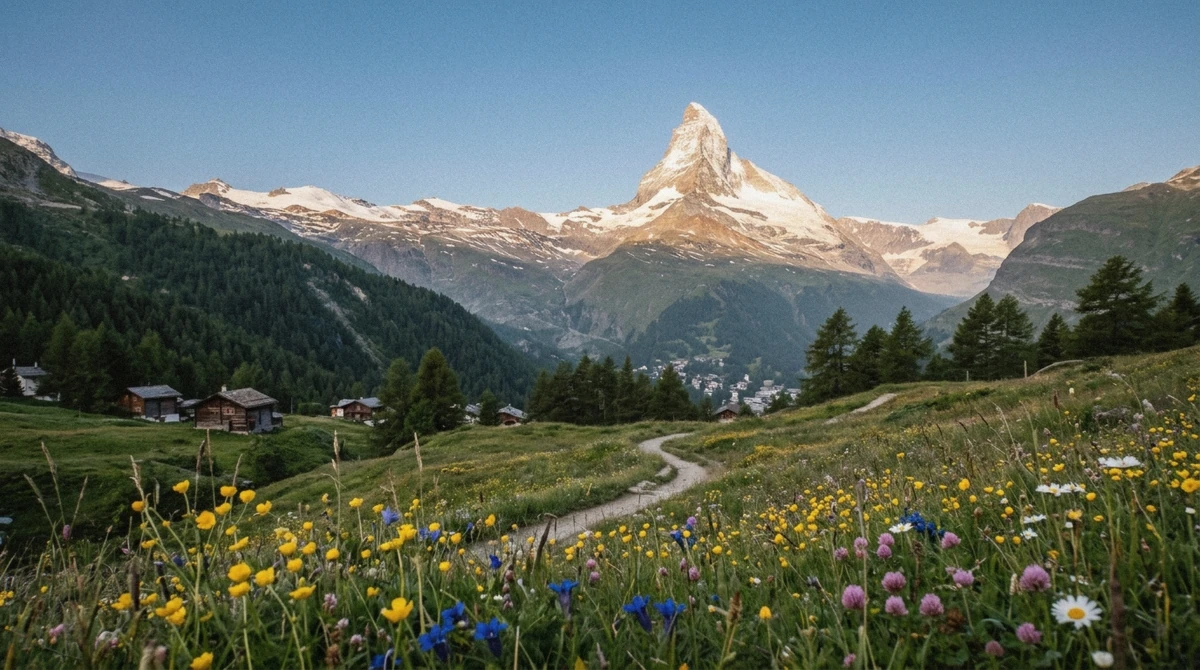 The Matterhorn under clear morning skies above Zermatt in summer, illustrating the best time to visit Zermatt for hiking