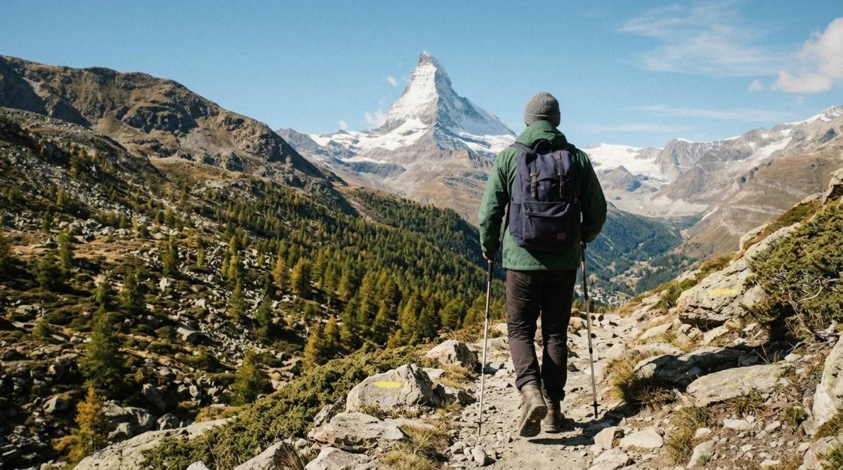 A hiker checking a trail map at a Zermatt gondola station, planning a Zermatt without a tour day on the Sunnegga trails