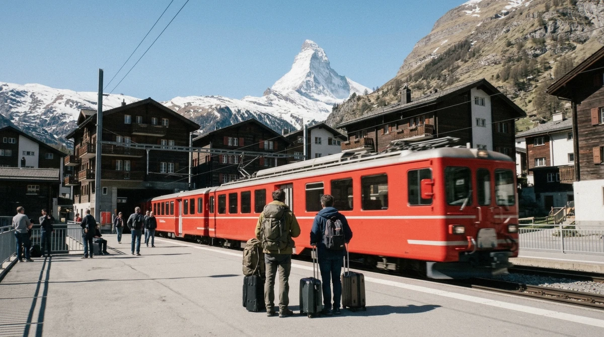 Passengers boarding the Matterhorn Gotthard Bahn shuttle train at Täsch station, the final leg of how to get to Zermatt without a car