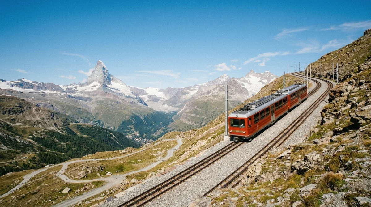 The Gornergrat cogwheel train climbing toward the Matterhorn above Zermatt, part of what makes Zermatt worth visiting