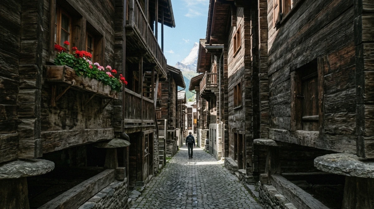 Old timber grain stores on stone discs in the Hinterdorf quarter, the first stop on a free walking tour of Zermatt, Switzerland