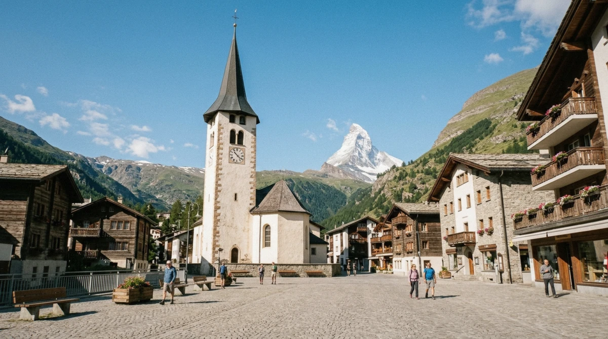 The parish church tower on the village square with the Matterhorn behind, seen on a free walking tour of Zermatt, Switzerland