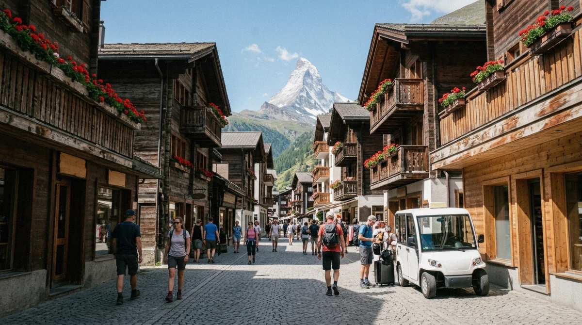 The car-free village of Zermatt in summer with the Matterhorn behind it, the reward waiting at the end of every how to get to Zermatt route