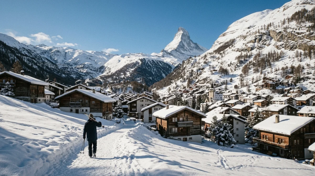 Skiers on a snow-covered slope above Zermatt with the Matterhorn behind them during the winter ski season, the best time to visit Zermatt for snow sports
