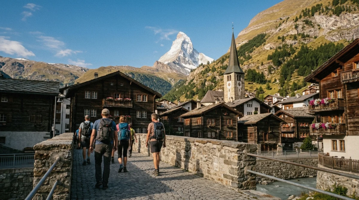 Hikers pausing mid-trail with the Matterhorn behind them above Zermatt, the real moment behind whether Zermatt is worth visiting